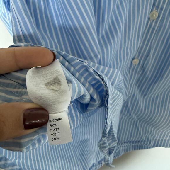 Loft Womens Top L Blue Striped Poplin Crest Everyday Oversized Preppy Academia - Picture 6 of 7